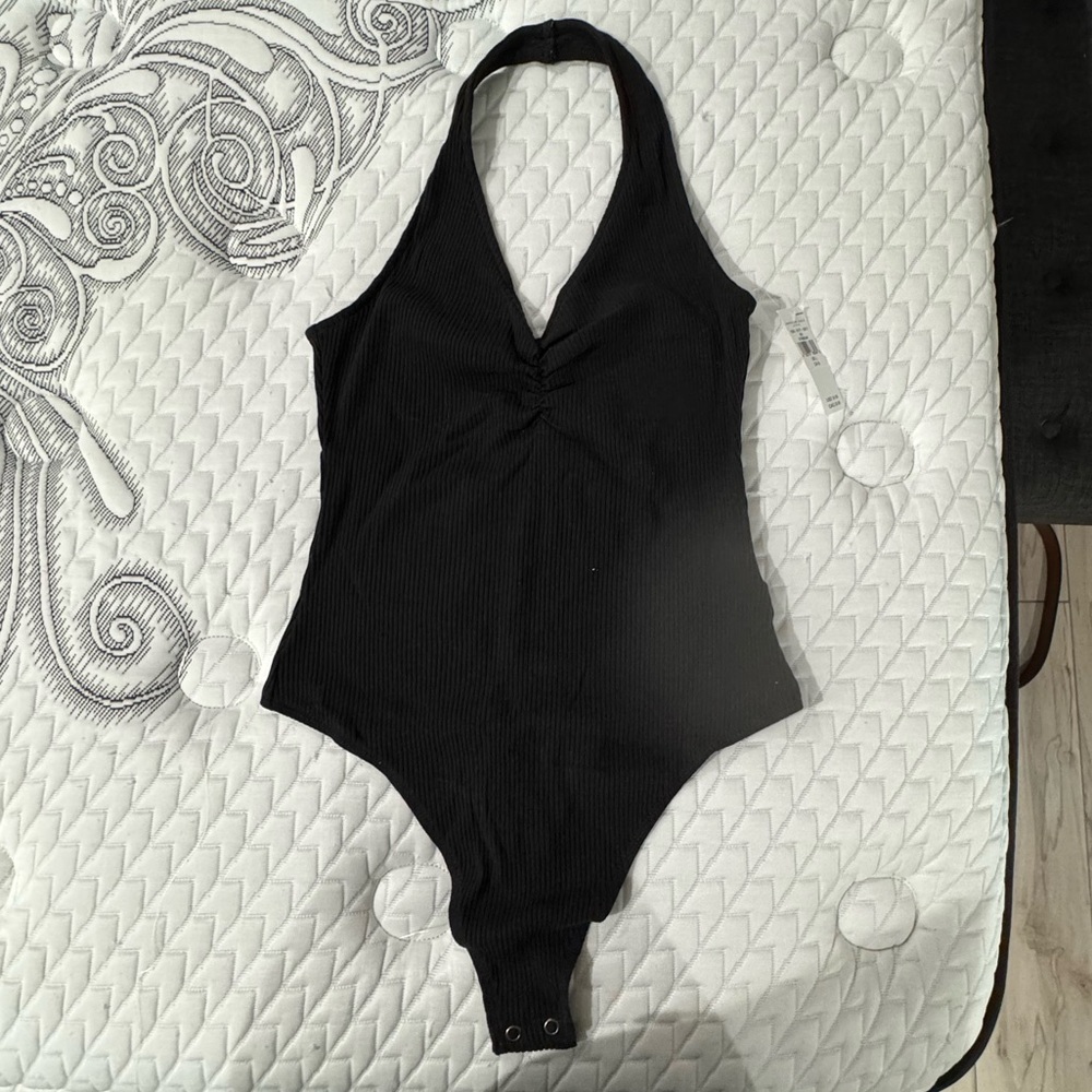 American Eagle Outfitters Ribbed Black Halter Thong Bodysuit